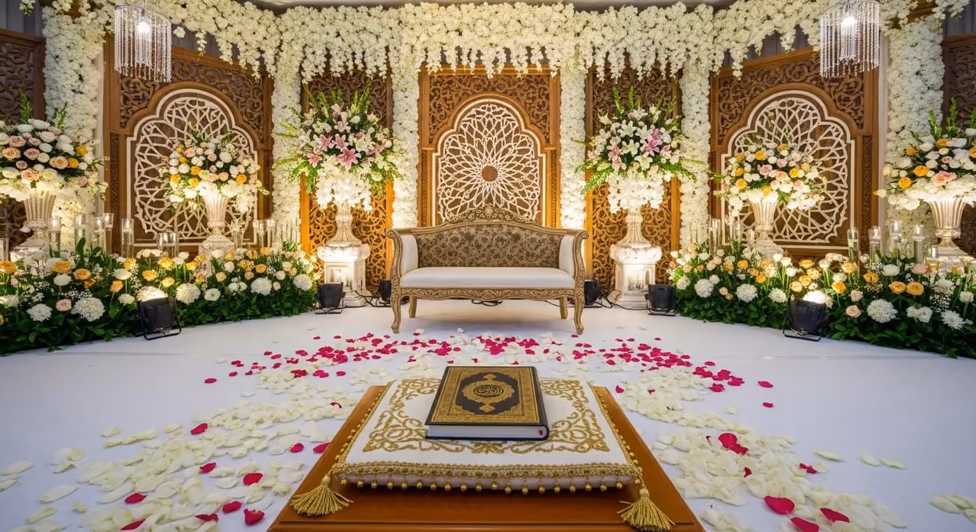 Graceful nikah ceremony decoration with soft lighting